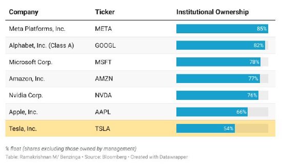 美股“七巨头”中特斯拉机构持股量最低，知名投资人解析原因